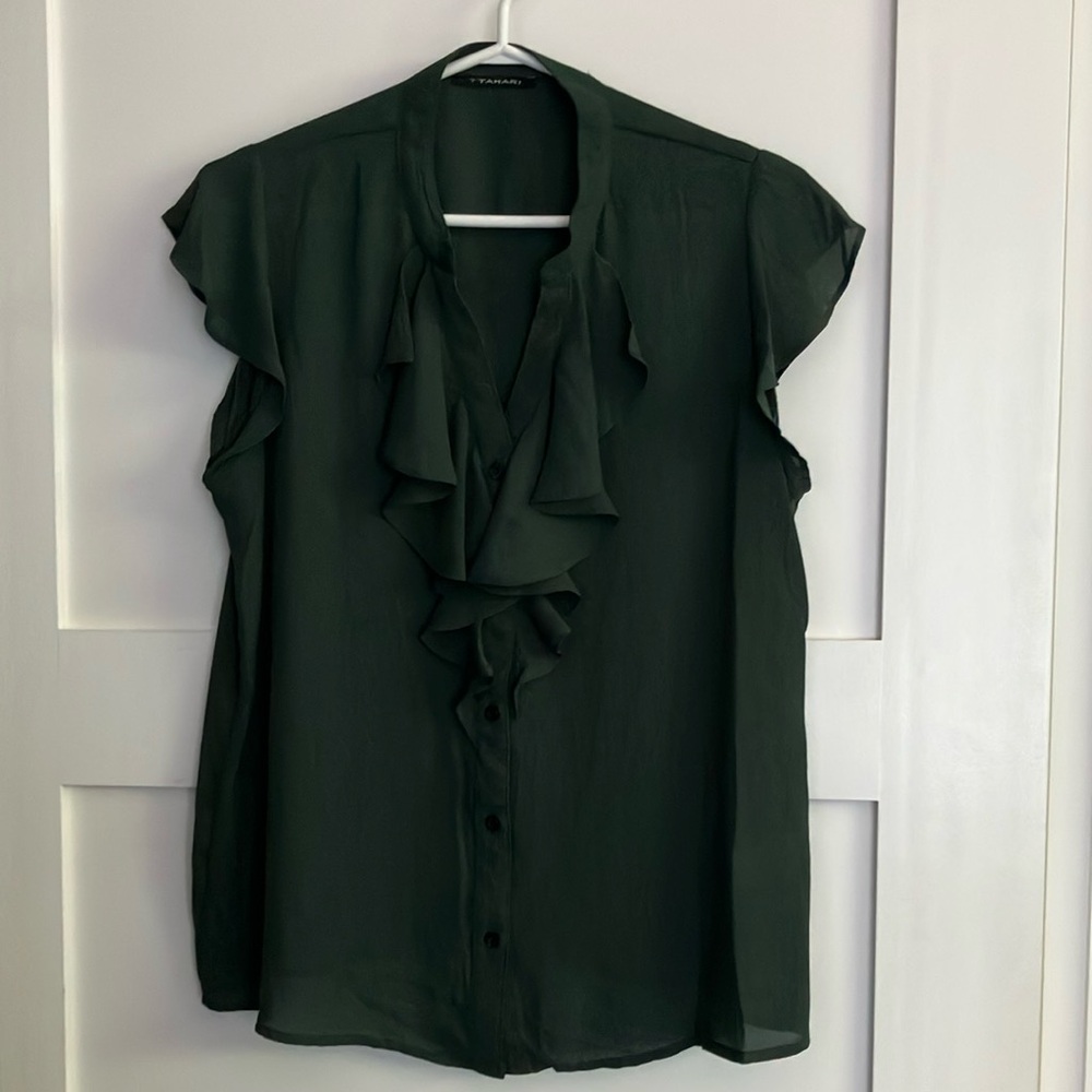 Tahari Green Ruffled Mandarin Collar Blouse